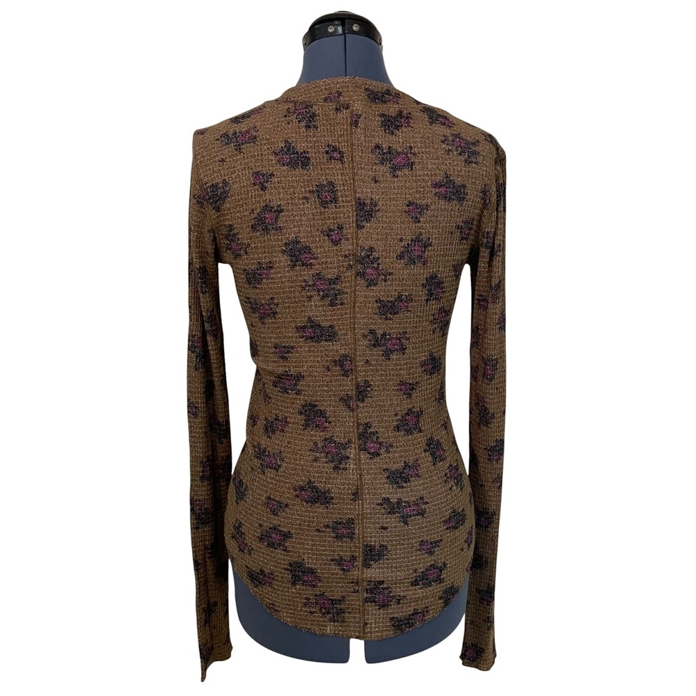 Intimately Free People Brown Floral Waffle Knit Snap Front Thermal Shirt Y2K XL - Picture 3 of 13
